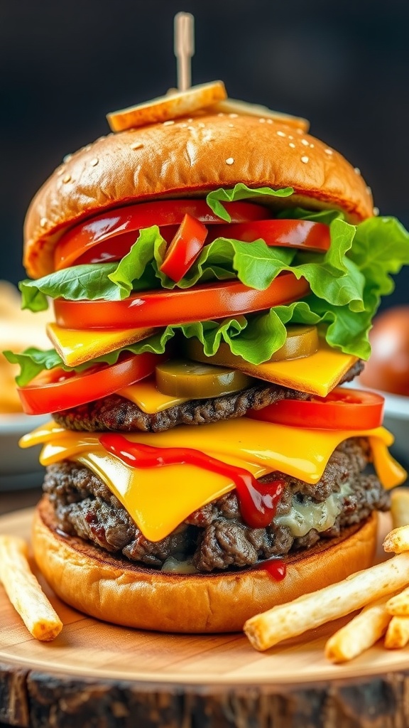 A delicious homemade beef burger with lettuce, tomato, cheese on a toasted bun, accompanied by crispy fries.